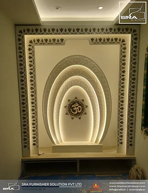 Oval Shape Mandir Design With Mop In Corian