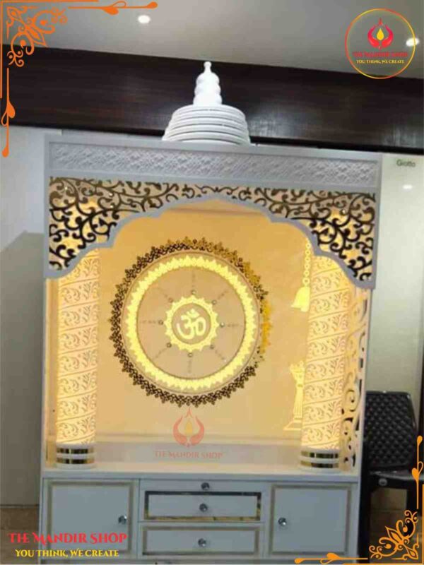 Glossy White Corian Mandir with LED